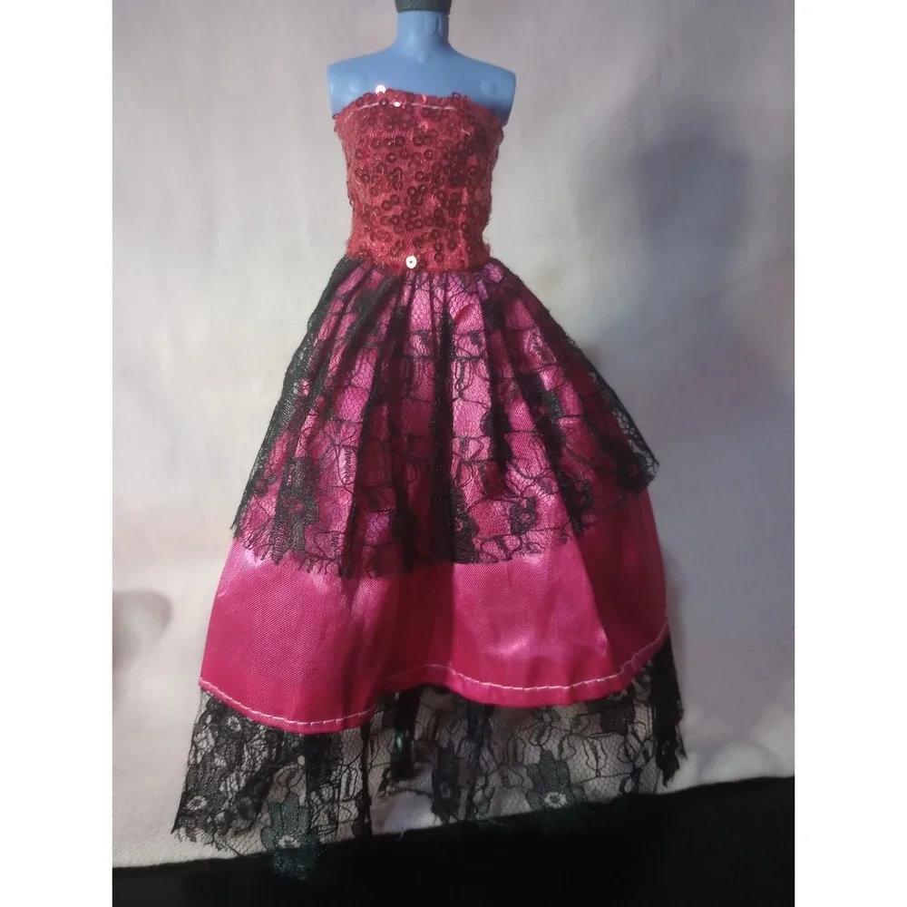 Barbie Doll Fashion Pink & Black Lace Sequin Evening Gown Dress Handmade‎ OOAK